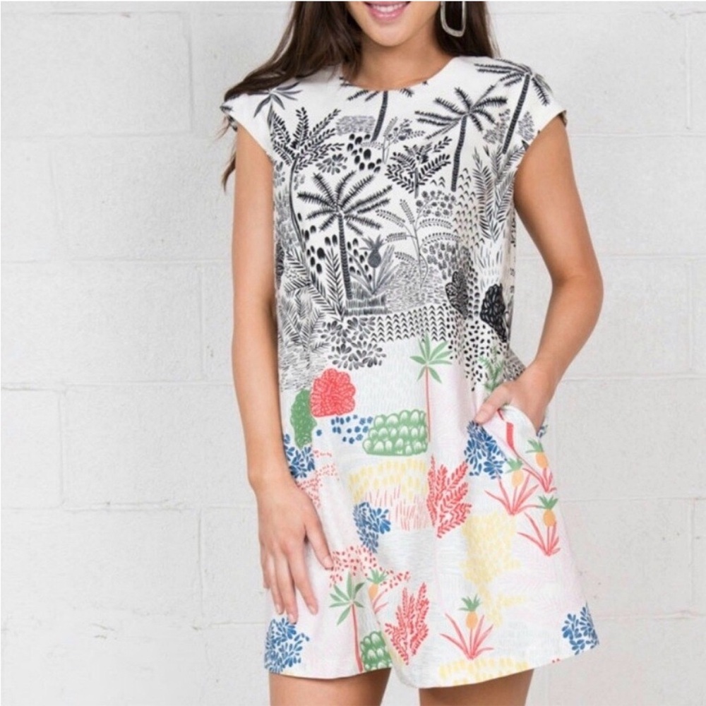 Cousin Earl Vibrant Print Shift Cotton Dress with Pockets Large